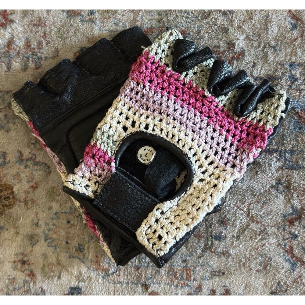 Fingerless Leather Rainbow Crochet Cycling Gloves Size Large NWOT Black Palm